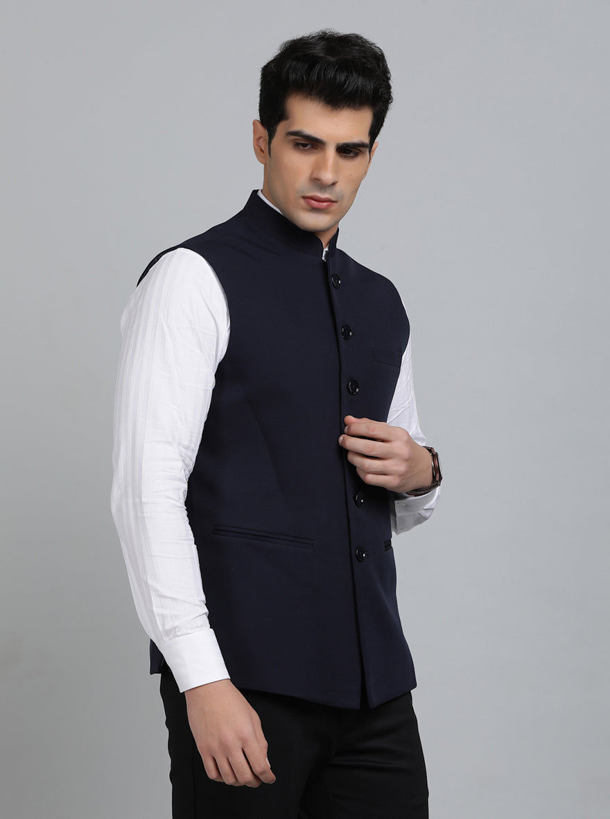 Navy Blue Solid Regular Fit Bandhgala Jacket | Greenfibre