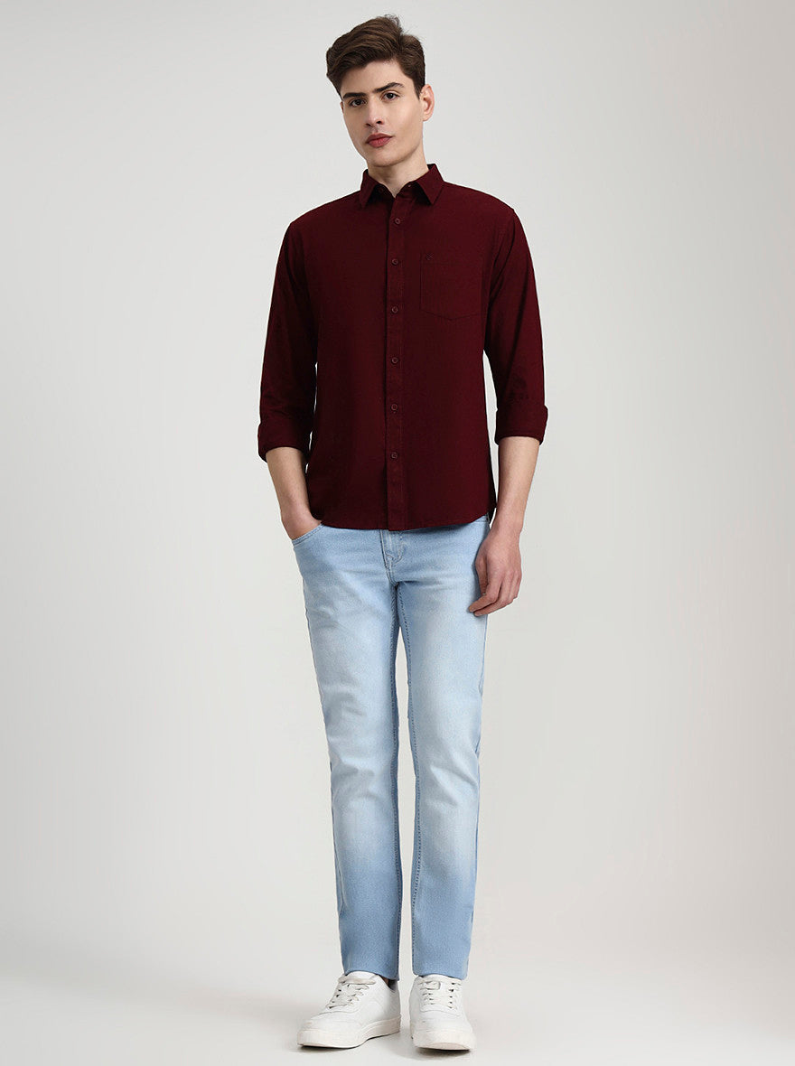 Maroon Solid Slim Fit Casual Shirt | Greenfibre