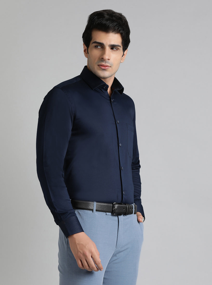 Navy Blue Solid Slim Fit Party Wear Shirt | Greenfibre