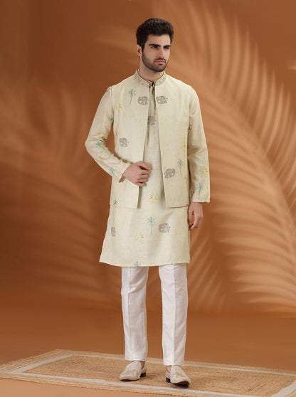 Pastel Yellow Embroidered  Kurta Pajama with Koti | TULA
