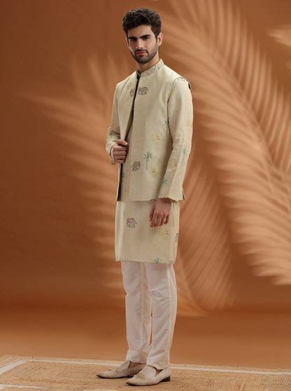 Pastel Yellow Embroidered  Kurta Pajama with Koti | TULA
