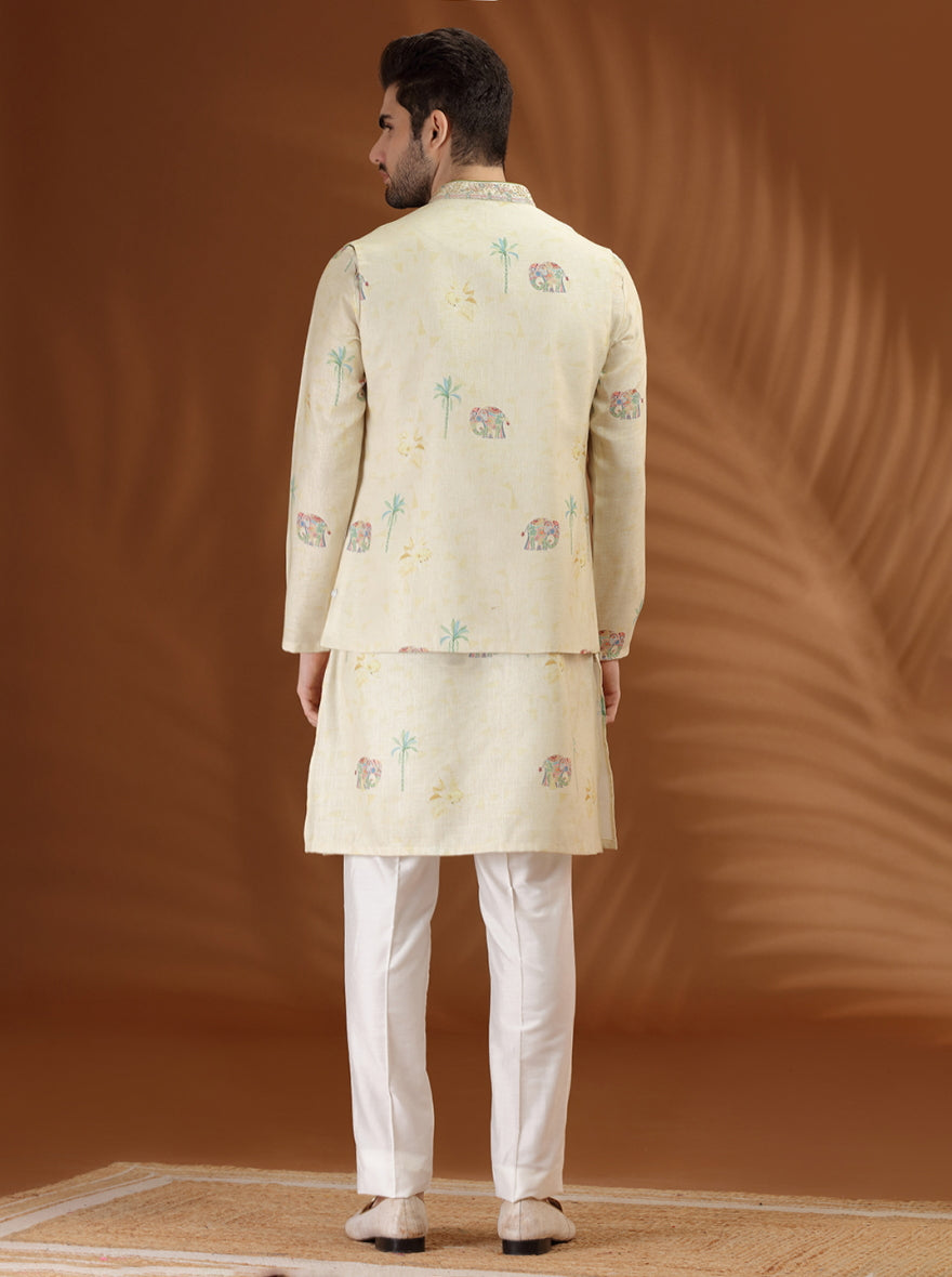 Pastel Yellow Embroidered  Kurta Pajama with Koti | TULA