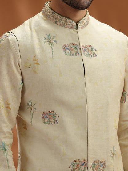 Pastel Yellow Embroidered  Kurta Pajama with Koti | TULA