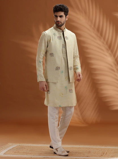 Pastel Yellow Embroidered  Kurta Pajama with Koti | TULA