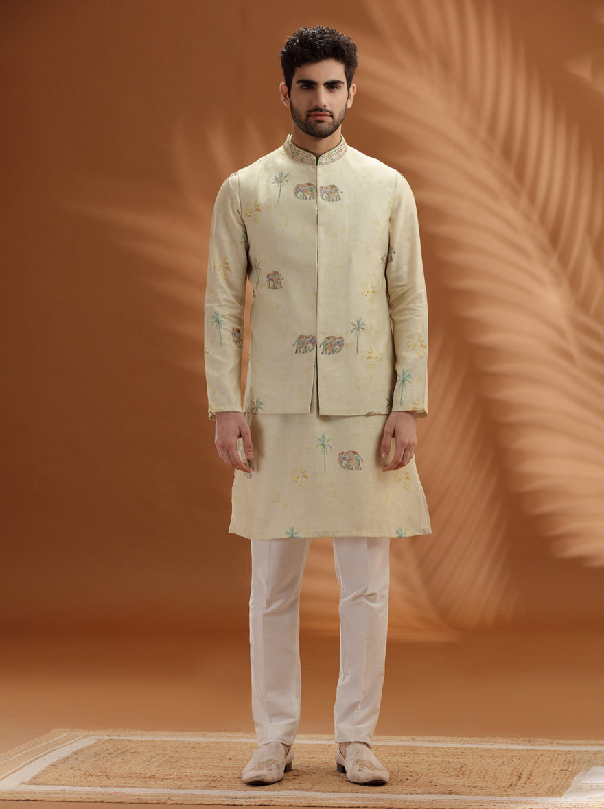 Pastel Yellow Embroidered  Kurta Pajama with Koti | TULA
