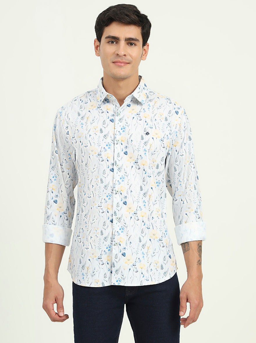 White & Blue Printed Slim Fit Casual Shirt | Greenfibre