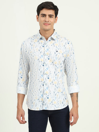 White & Blue Printed Slim Fit Casual Shirt | Greenfibre