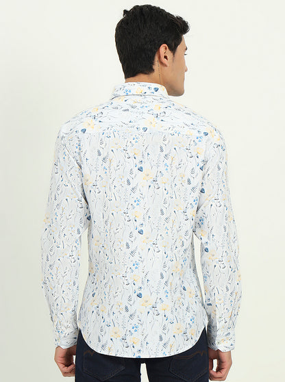 White & Blue Printed Slim Fit Casual Shirt | Greenfibre