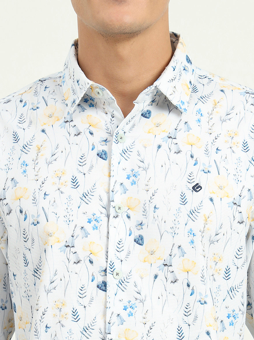 White & Blue Printed Slim Fit Casual Shirt | Greenfibre
