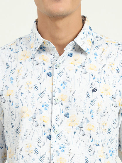 White & Blue Printed Slim Fit Casual Shirt | Greenfibre