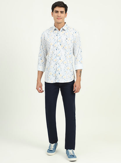 White & Blue Printed Slim Fit Casual Shirt | Greenfibre