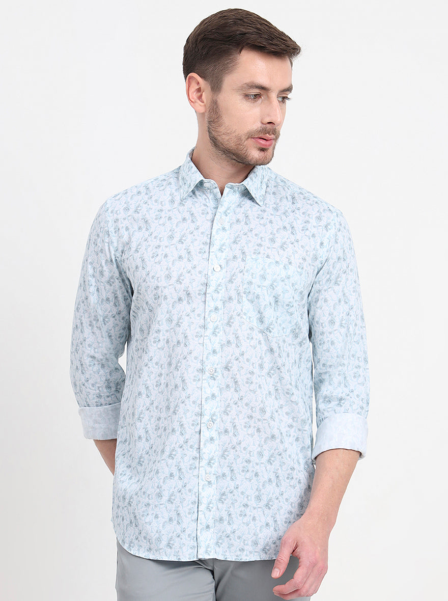 Light Blue Printed Slim Fit Semi Casual Shirt | JadeBlue