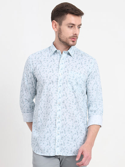 Light Blue Printed Slim Fit Semi Casual Shirt | JadeBlue