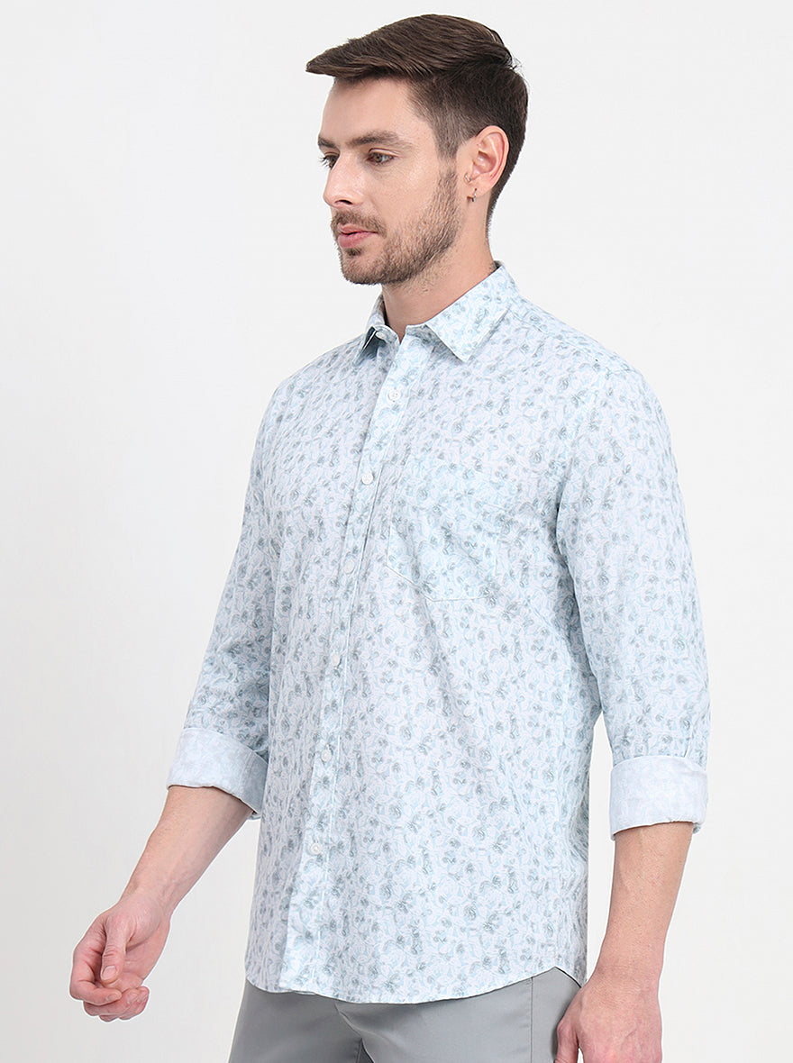 Light Blue Printed Slim Fit Semi Casual Shirt | JadeBlue