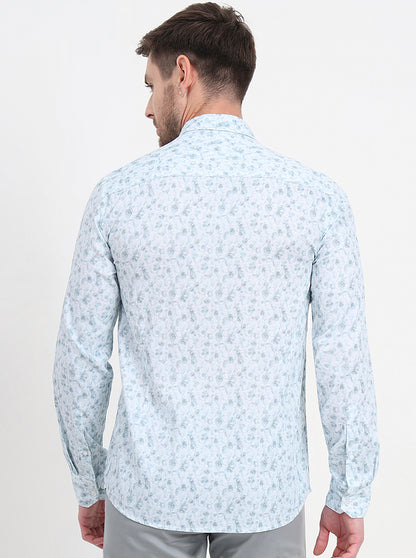 Light Blue Printed Slim Fit Semi Casual Shirt | JadeBlue