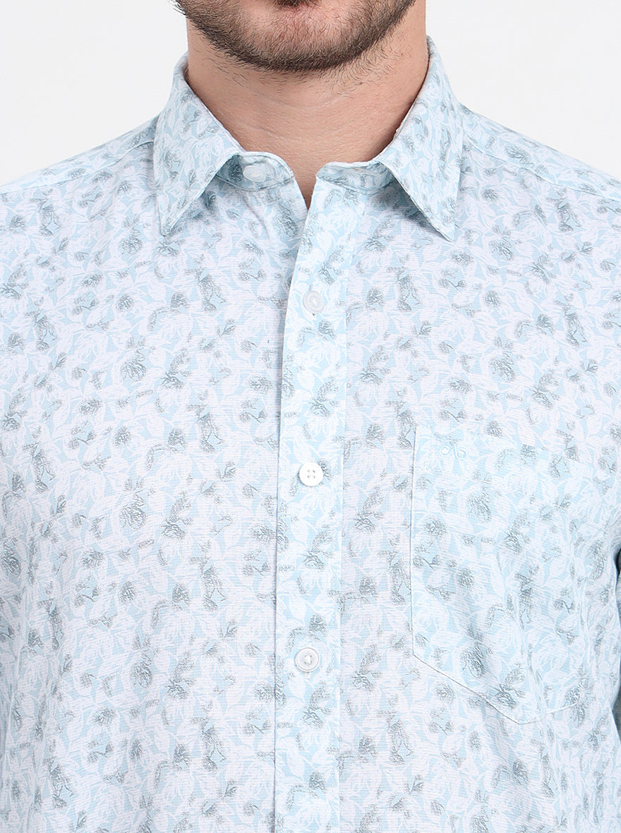 Light Blue Printed Slim Fit Semi Casual Shirt | JadeBlue