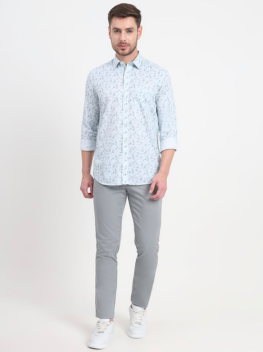 Light Blue Printed Slim Fit Semi Casual Shirt | JadeBlue