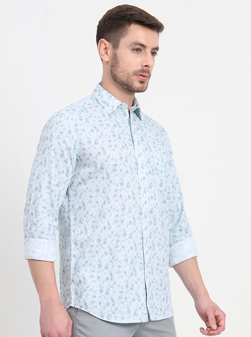 Light Blue Printed Slim Fit Semi Casual Shirt | JadeBlue