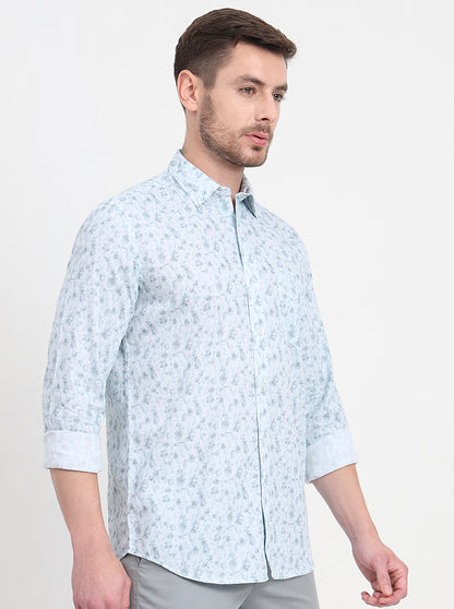 Light Blue Printed Slim Fit Semi Casual Shirt | JadeBlue