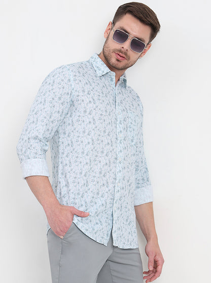 Light Blue Printed Slim Fit Semi Casual Shirt | JadeBlue