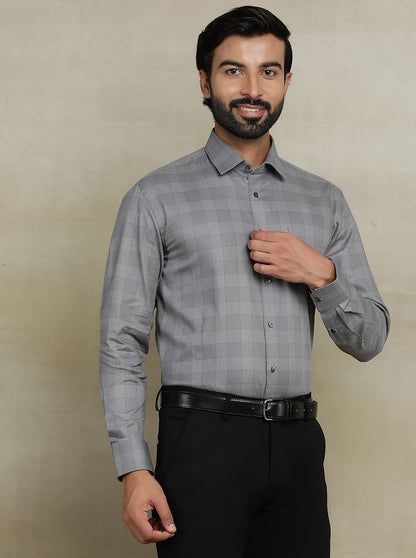 Grey Checked Regular Fit Formal Shirt | JadeBlue