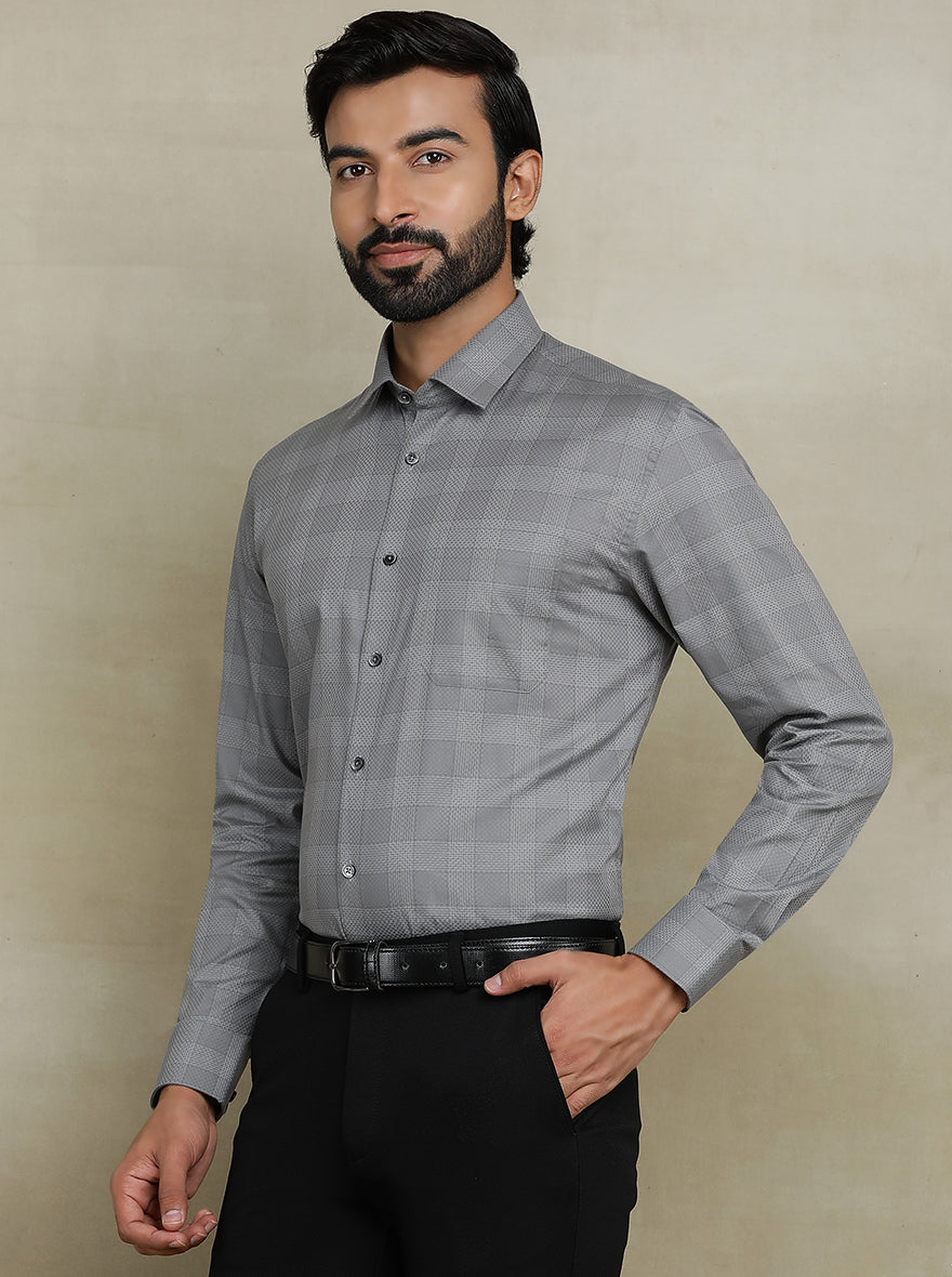 Grey Checked Regular Fit Formal Shirt | JadeBlue
