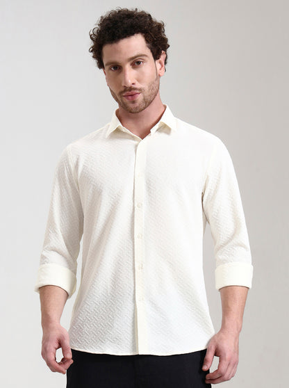 Cream Solid Slim Fit Party Wear Shirt | Wyre