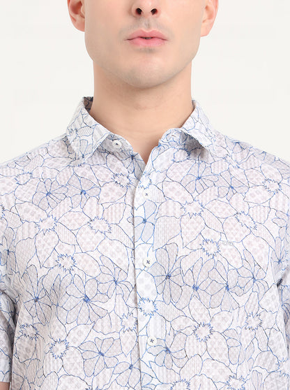 Blue Printed Slim Fit Casual Shirt | JadeBlue