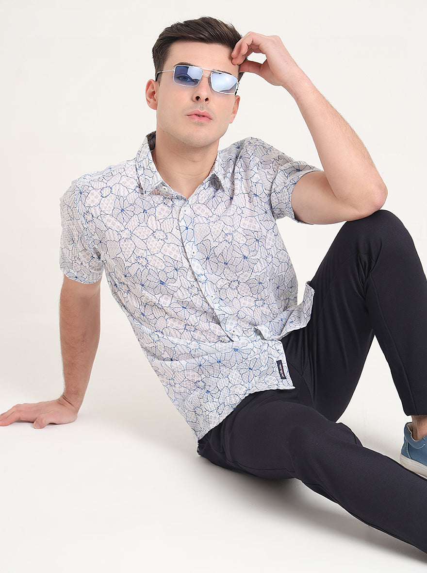 Blue Printed Slim Fit Casual Shirt | JadeBlue