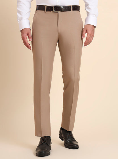 Khaki Solid Slim Fit Formal Trouser | Metal