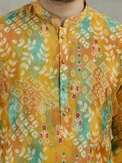 Yellow & Green Printed Kurta Pajama | Virasana