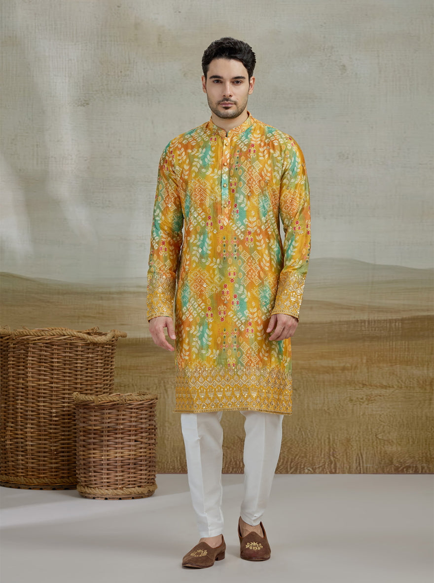 Yellow & Green Printed Kurta Pajama | Virasana