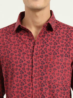 Maroon Printed Slim Fit Casual Shirt | Greenfibre