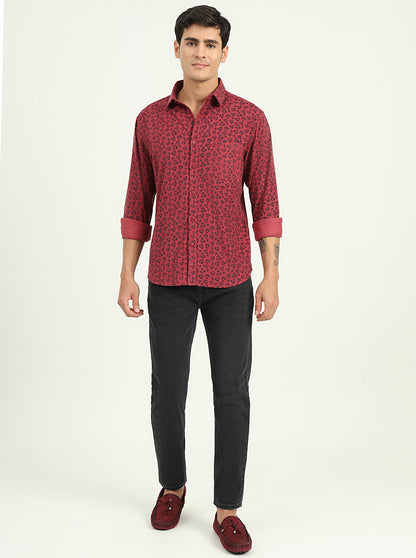 Maroon Printed Slim Fit Casual Shirt | Greenfibre