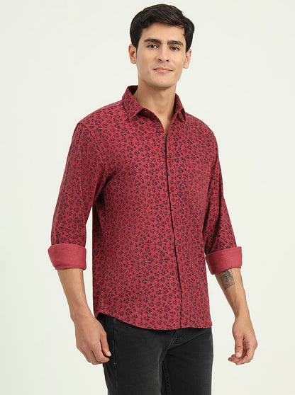 Maroon Printed Slim Fit Casual Shirt | Greenfibre