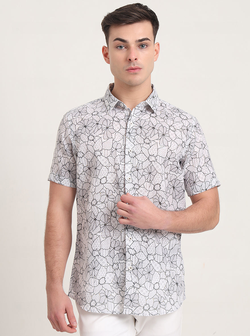 Grey Printed Slim Fit Casual Shirt | JadeBlue