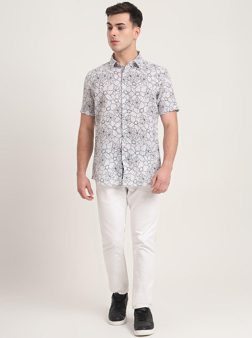 Grey Printed Slim Fit Casual Shirt | JadeBlue