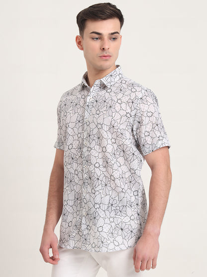 Grey Printed Slim Fit Casual Shirt | JadeBlue