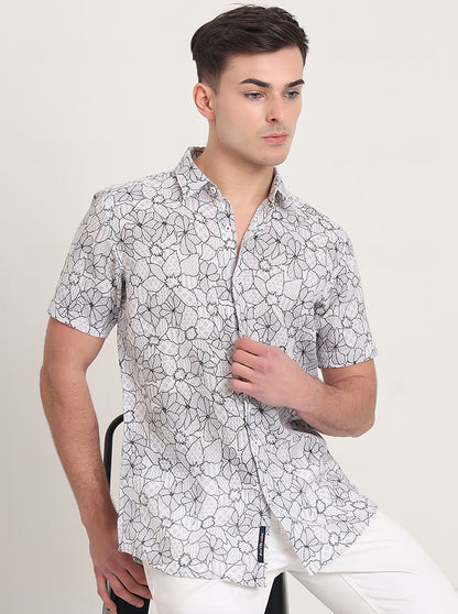 Grey Printed Slim Fit Casual Shirt | JadeBlue