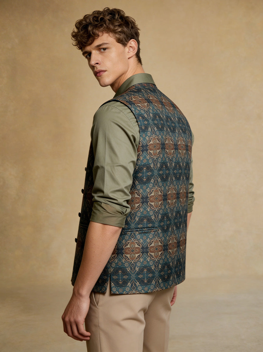 Blue Printed Waistcoat | Greenfibre
