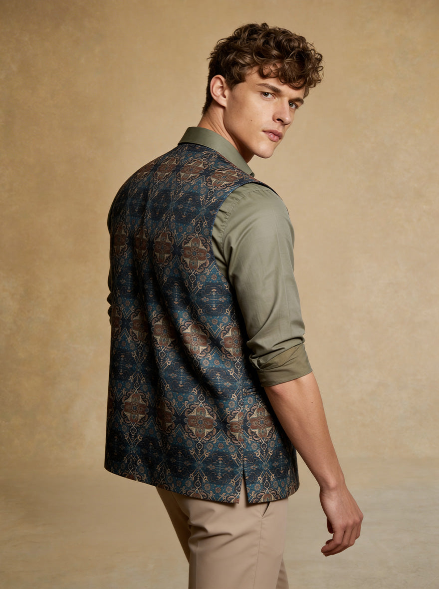 Blue Printed Waistcoat | Greenfibre