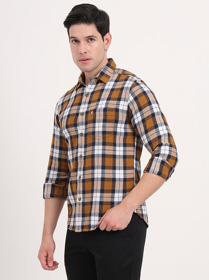 Orange & White Checked Slim Fit Casual Shirt | Greenfibre