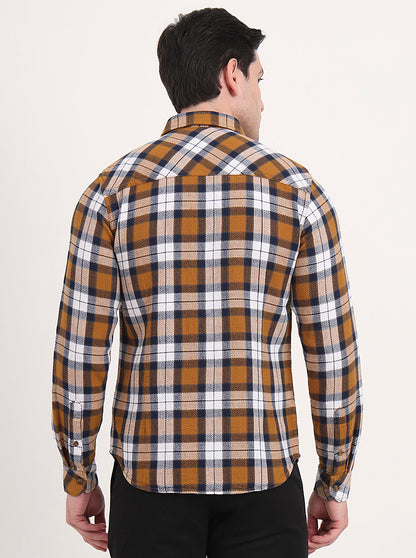 Orange & White Checked Slim Fit Casual Shirt | Greenfibre