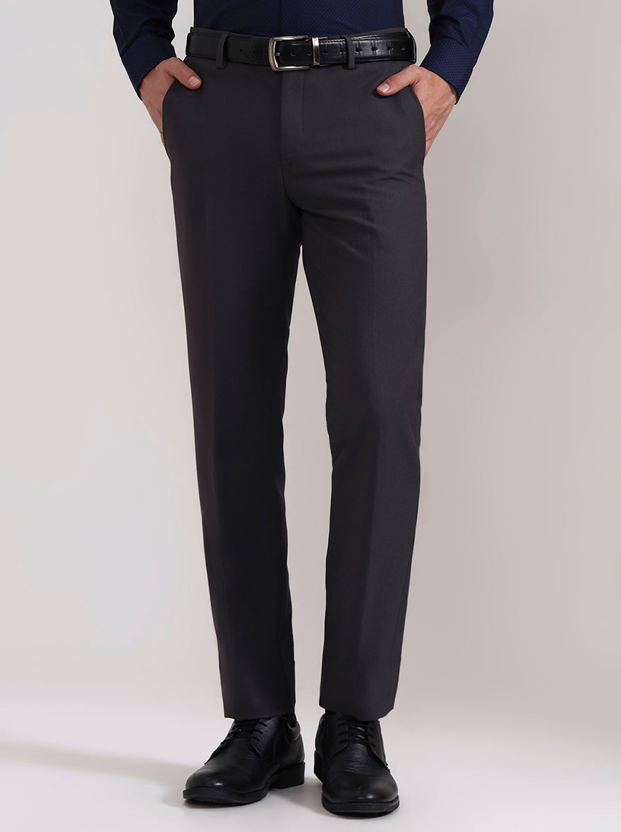Dark Grey Solid Slim Fit Formal Trouser | Metal
