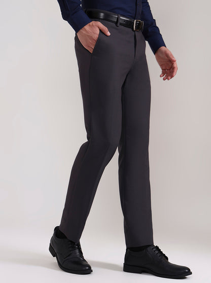 Dark Grey Solid Slim Fit Formal Trouser | Metal