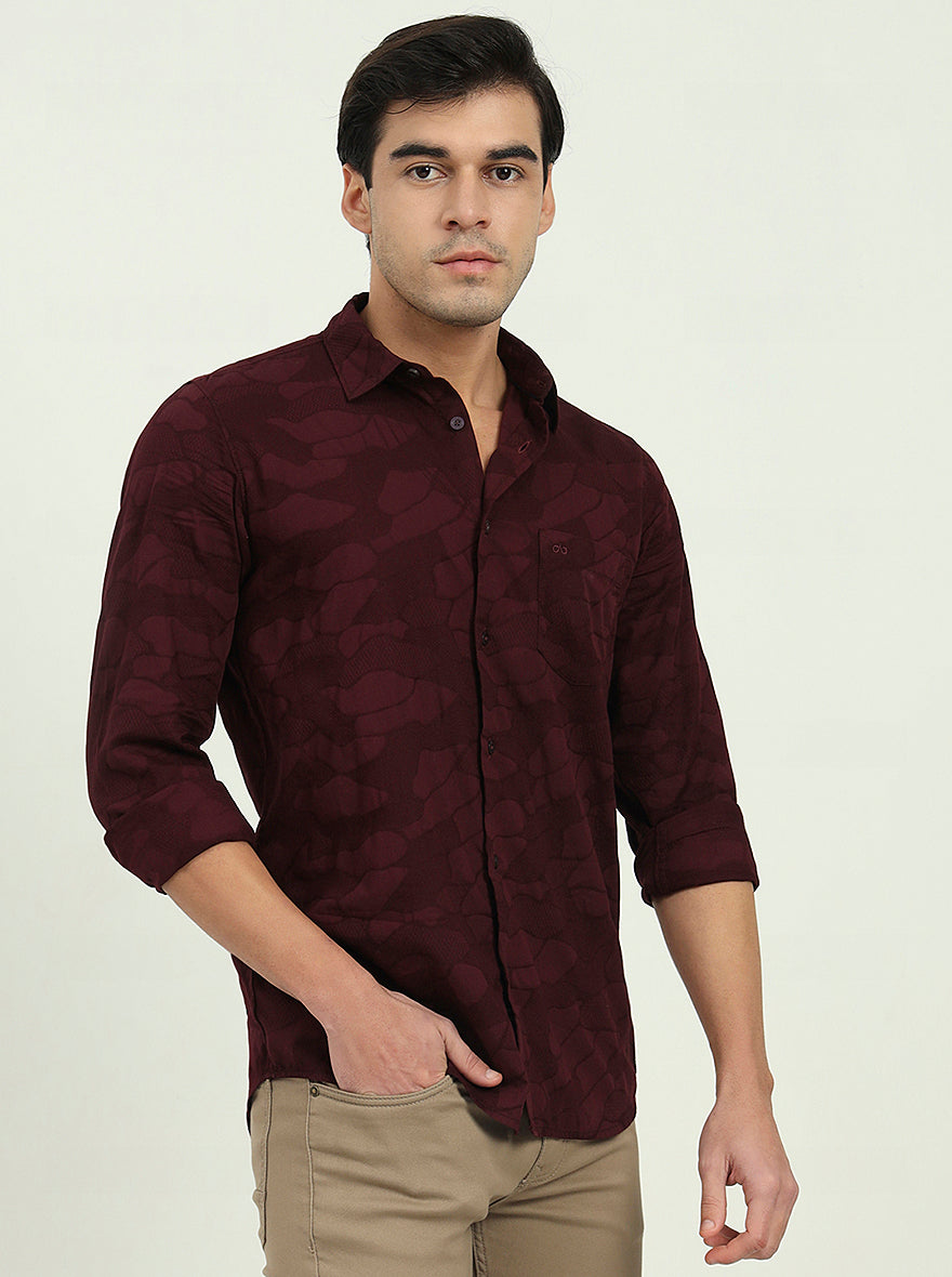 Wine Printed Slim Fit Casual Shirt | JadeBlue