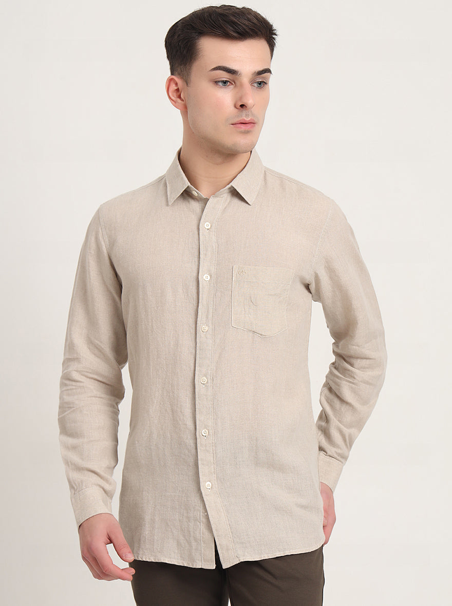 Beige Solid Slim Fit Casual Shirt | JadeBlue