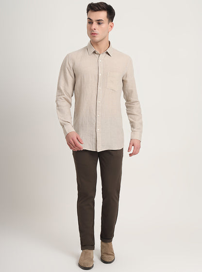 Beige Solid Slim Fit Casual Shirt | JadeBlue