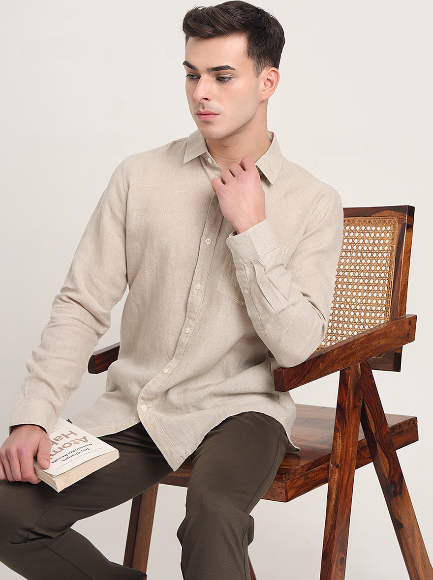 Beige Solid Slim Fit Casual Shirt | JadeBlue