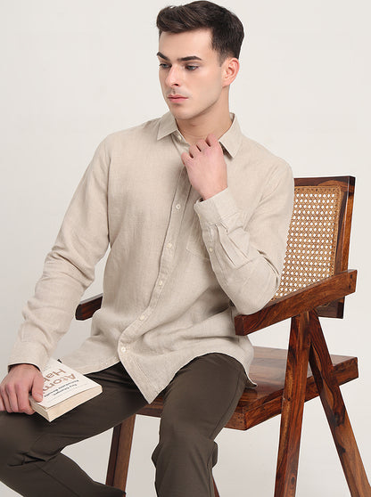 Beige Solid Slim Fit Casual Shirt | JadeBlue